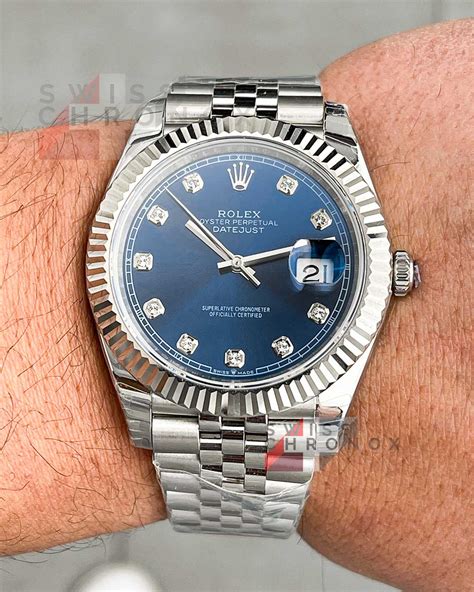 rolex datejust 41 blue diamond dial jubilee|rolex datejust 41 fluted bezel.